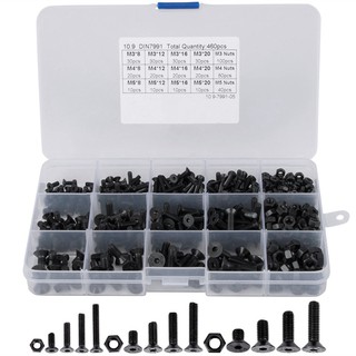 460Pcs M3 M4 M5 Alloy Steel Countersunk Flat Head Hex Socket Cap Screws Nuts Set Assortmen