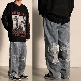 High Street American Retro ปักกางเกงยีนส์ผู้ชาย Hip Hop Street Casual Long Pants