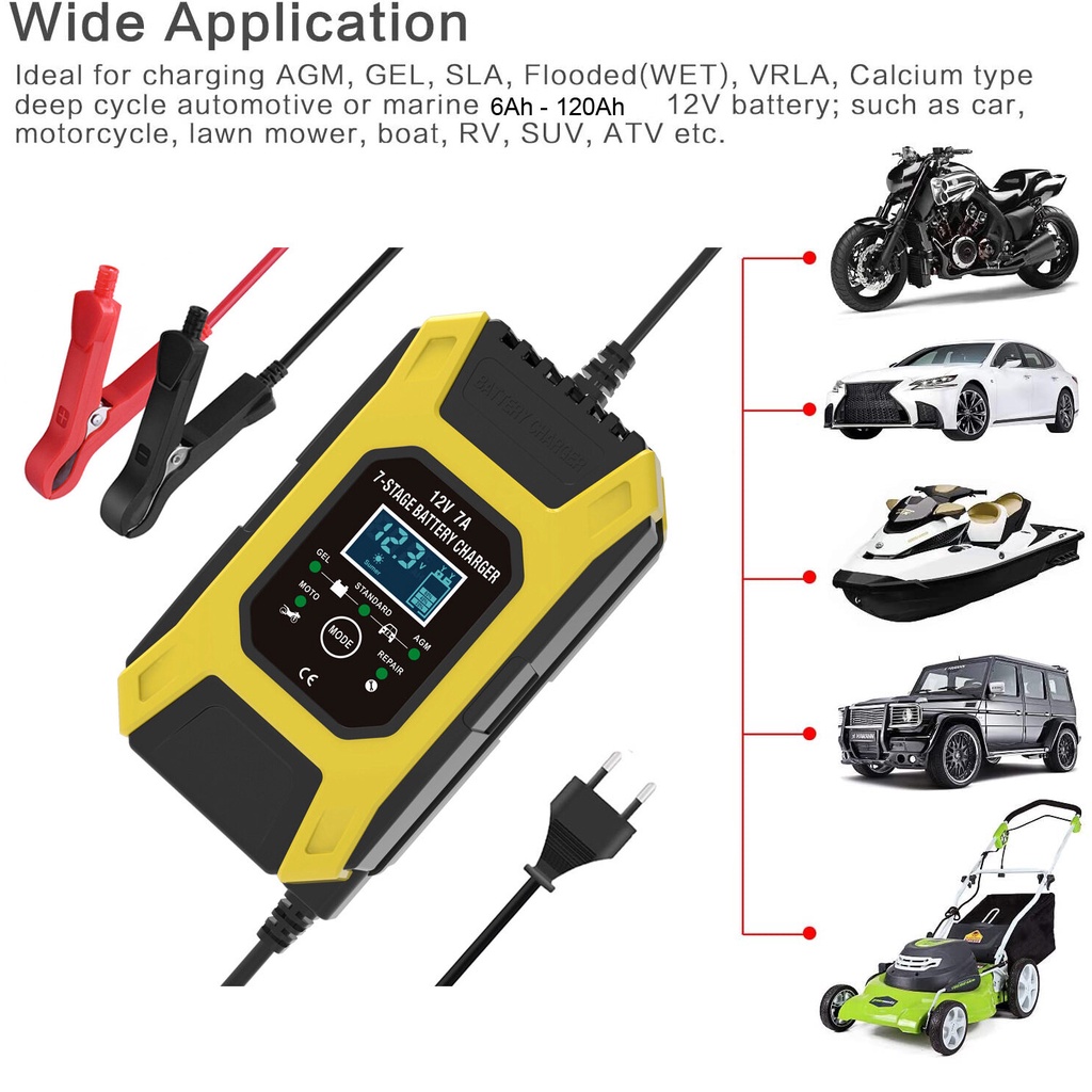 FOXSUR เครื่องชาร์จ 12V 7A อัจฉริยะและซ่อมแบตเตอรี่รถยนต์ Pulse Repair Charger 12V 6-120Ah รุ่น FBC1207D