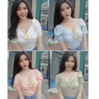 **มีเก็บปลายทาง📮 New เสื้อครอป แต่งห่วงสีทอง จีบโบว์ ลายหัวใจ แบบน่ารักมากๆค่ะ🌈🌈