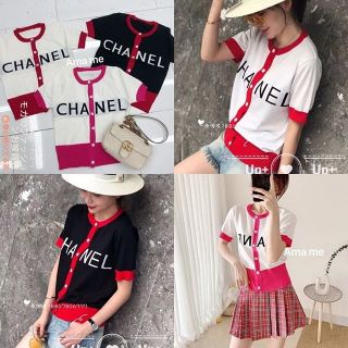 เสื้อ ผ้าไหมพรม สลับสี ติดกระดุมหน้า ลาย Chanel