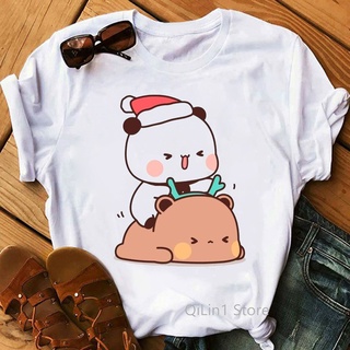 T-Happy New Year Christmas Panda And Brownie Bear Couple Print Tee Shirt Femme Xmas Gift Woman Clothes Basic Tshirts Wo