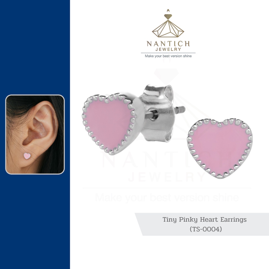 [เครื่องประดับ | ปลอดภัย] ต่างหู คนแพ้ง่าย : Tiny Pinky Heart Earrings (TS-0004) Nantich Jewelry