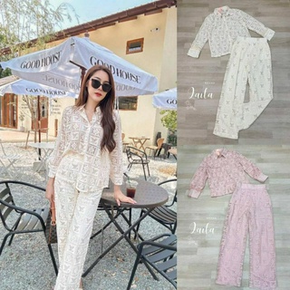 Laila เซ็ท2ชิ้นเสื้อ+กางเกง เสื้อเชิ้ตคอปกกระดุมหน้าแขนแต่งขนนกฟู