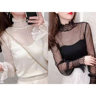🔥พร้อมส่ง3สี🔥เสื้อซีทรู คอปีนระบาย มีรูปสินค้าจริง