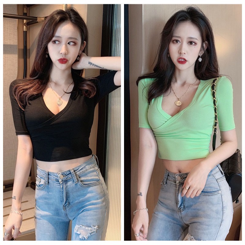 แขนสั้นสไตล์เกาหลี DX-S1225 คอวีแขนสั้น ผ้าใส่สบาย
