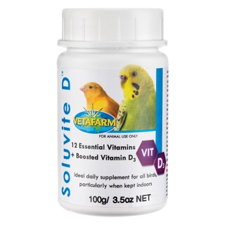 Vetafarm Soluvite - D วิตามินรวม 12 ชนิด + Vitamin D3 สำหรับนกที่เลี้ยงในบ้าน บรรจุ 100 กรัม