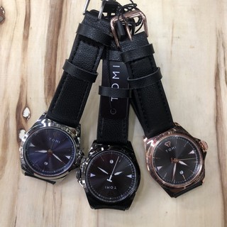 นาฬิกาข้อมือผู้ชายTOMI(โทมิ) เครื่องญี่ปุ่น ระบบQuartz analog3เข็ม สายหนังตัวเรือนสแตนเลส2ไมครอน มีวันที่ พร้อมกล่อง