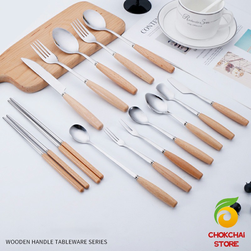 Chok ชุด มีด ช้อน ส้อม ตะเกียบ วัสดุสแตนเลสและไม้ ช้อนส้อมด้ามไม้ Stainless steel cutlery