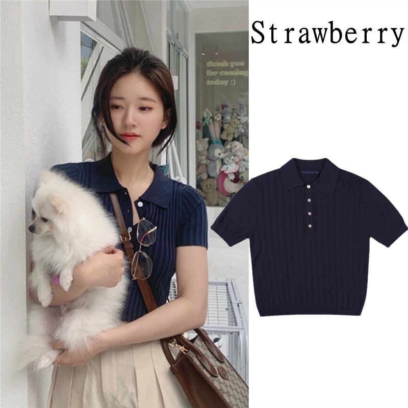 เสื้อยืดทรงโปโล แขนสั้น ผ้าถัก คอปก ลําลอง แบบเรียบ เข้ารูป สําหรับผู้หญิง