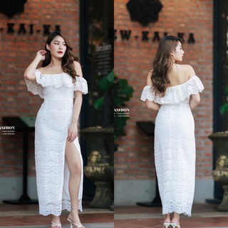 MASS Fashion : เดรสยาวสีขาวลูกไม้ ปาดไหล่ Dress - Snow Shoulder