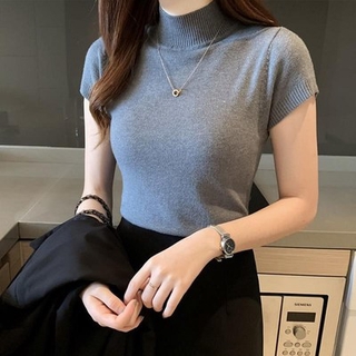 mimi&amp;didi#เสื้อครอปคอกลมแขนสั้นไหมพรมสีพื้น แนวเรียบร้อยใส่สบาย​ มี9สี#473
