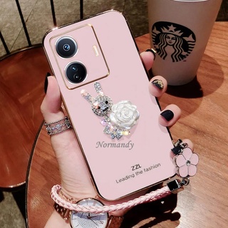 เคสโทรศัพท์ 2022 New Fashion Casing VIVO T1 T1x Y01 Y33T Y21T Y15S Y15A Y21 Y21S Y33S V23 V23E 4G 5G Flash Drill Rabbit White Flowers Plating Handphone Case Silicagel Softcase with Hand Strap เคส