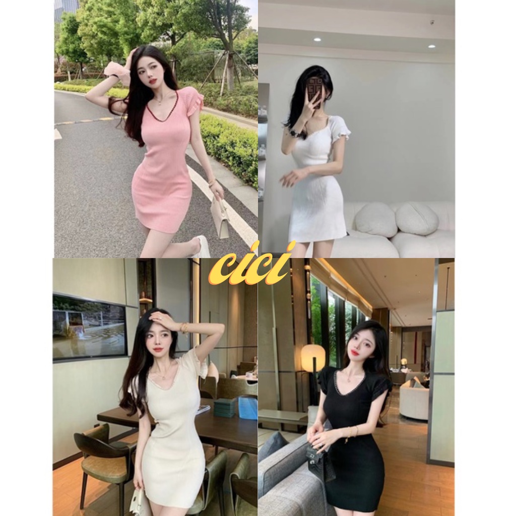 ส่งทันที Cici(NO. 9695)เดรสไหมพรม แต่งขอบระบาย ยืดได้เยอะ เข้ารูป น่ารักมากๆ