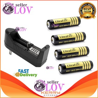 LOV ถ่านชาร์ต แบตลิเทียม ถ่านชาร์จ 18650 3.7V 4000 mAh - สีทอง (4 ก้อน ) + ที่ชาร์จแบต