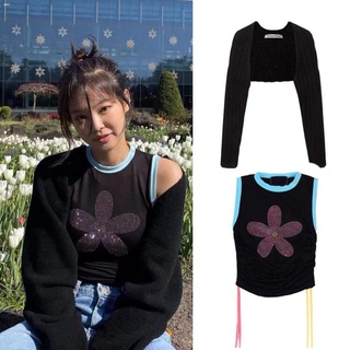 blackpink jennie เสื้อกันหนาวลายดอกไม้สไตล์เกาหลี