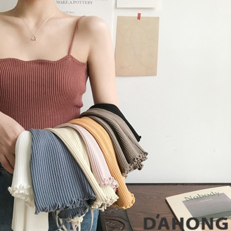 Dahong 💖 เสื้อครอป  เสื้อสายเดี่ยว ผ้าไหมพรมถัก สไตล์แฟชั่น สุดเซ็กซี่ สวมใส่สบาย762