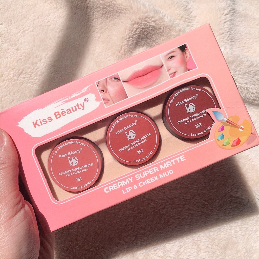 พร้อมส่ง!!! เซตปัดแก้ม เซตลิป 3 ชิ้น KISS BEAUTY CREAMY SUPER MATTE LIP & CHEEK MUD #89949
