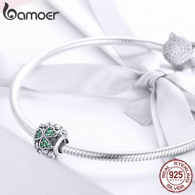 Sterling Silver Round Green Clover Flower Glass Bead For European Charm Bracelet