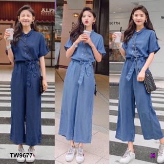 ❤️ TW9677 Jumpsuit จัเมสูทยีนส์เทียมขายาวฟอกสี ติดกระดุมอก เอวยืดสม็อคหลังข้างเอว มีสายผูกเอวเป็นโบว์
