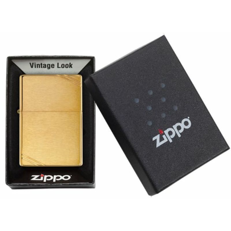 Zippoไฟแช็ค รุ้น 240 Brushed Brass Vintage ของแท้ รับประกันตลอดชีวิต with Slashes Lighter