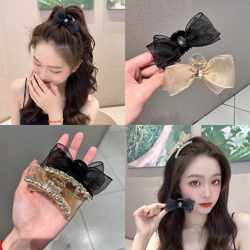 กิ๊บติดผมหางม้า ผ้าตาข่าย ประดับโบว์ สองด้าน ขนาดเล็ก สําหรับผู้หญิง
