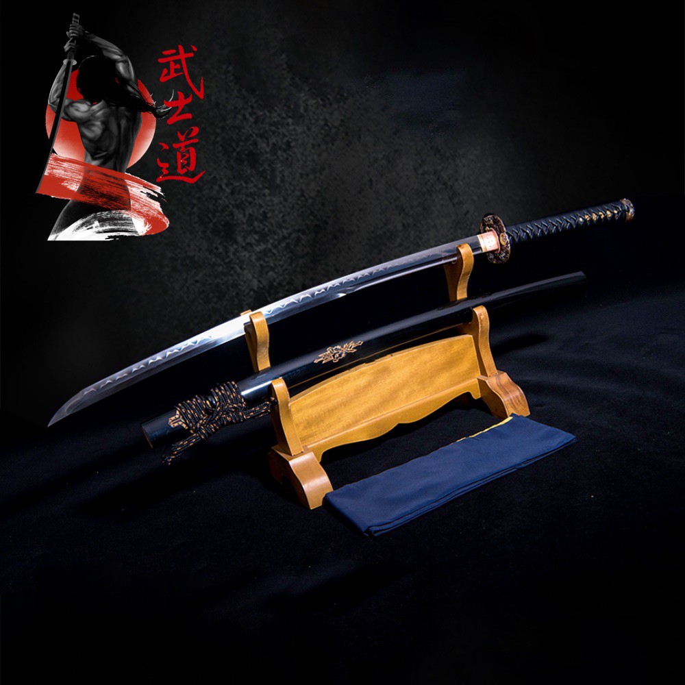 Black Samurai ดาบซามูไร คาตานะ T10 61HRC คม10 รุ่น Black-Gold Dragon แต่งครบ กระเบนแท้