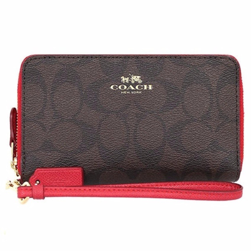 COACH F53937 DOUBLE ZIP PHONE WALLET IN SIGNATURE (BROWN TRUE RED)