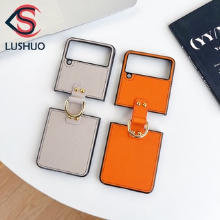 LUSHUO Phone Case for Samsung Galaxy Z Flip 3 5G Cute Color Matte Hard Leather Casing with Ring Holder for Z Flip3 ZFlip3 ZFlip 3