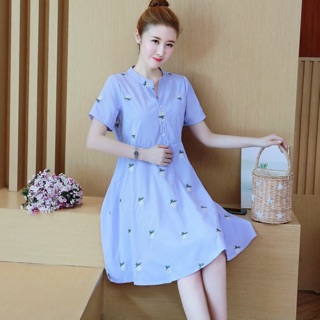 ชุดคลุมท้องสีฟ้าลายดอกไม้ คอจีน เปิดให้นมได้พร้อมส่ง