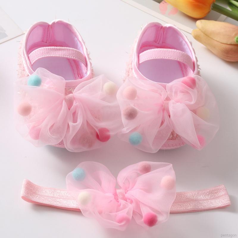 2PCS Baby Girl Princess ShoesHeadband Set Net Yarn Bowknot Prewalker Toddler Soft Sole Anti-slip Walking Shoes