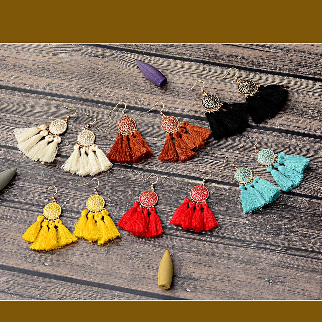 Bohemian Boho Rainbow Feather ผ้าฝ้ายพู่อินเทรนด์ชาติพันธุ์ Drop Dangle ต่างหู