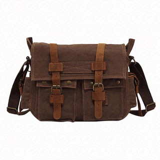 YHL กระเป๋าสะพายข้างชาย แบบวินเทจ Vintage Canvas Leather Messenger Bag Satchel Bag Shoulder Bag (สีกาแฟ)