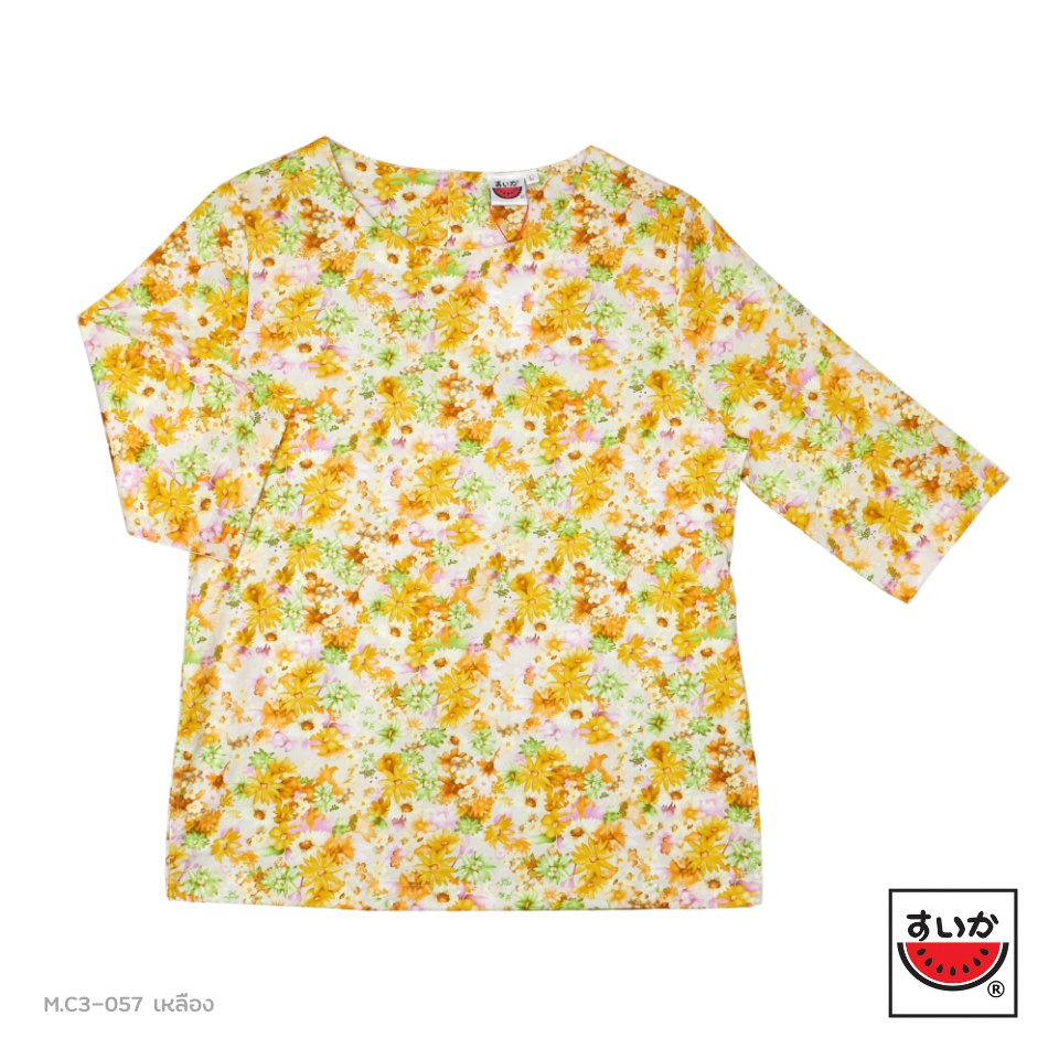 เสื้อแตงโม (SUIKA) - เสื้อผ้าป่านมัสลิน คอปาดกระดุมหลัง 3 เม็ด แขนสามส่วน ลายดอกไม้กระจาย (M.C3-057)