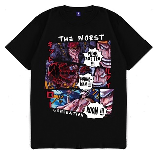 เสื้อยืดสีขาวเสื้อยืด พิมพ์ลายอนิเมะ ONE PIECE THE WORST GENERATION KIDD LUFFY LAW สไตล์ญี่ปุ่น สําหรับผู้ชาย และผู้หญิง