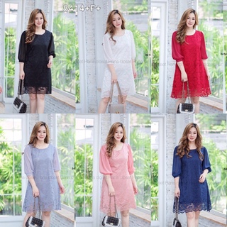 8414 เดรส #สาวอวบ ลูกไม้ แขนชีฟอง Dress #chubby girl, lace, chiffon sleeves