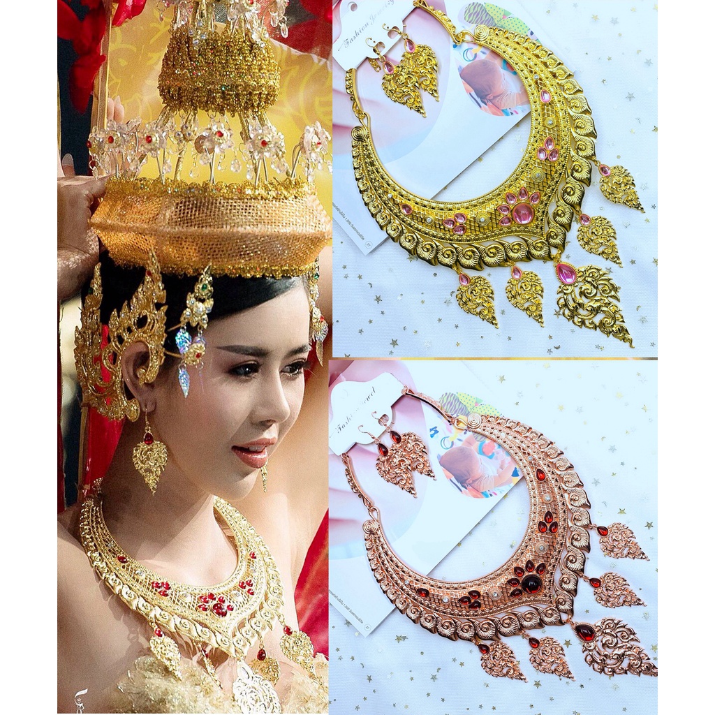 Vintage jewelry ชุดไทยชุดแต่งงานแบบดั้งเดิมต่างหูคลิปสร้อยคอเพชรเงินผงทองThai necklace ศิลปะ วาดเขียน