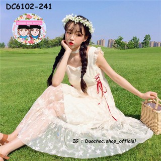 DC6102-241 : เดรสสีขาวซีทรูแต่งโบว์สีแดงสองข้าง
