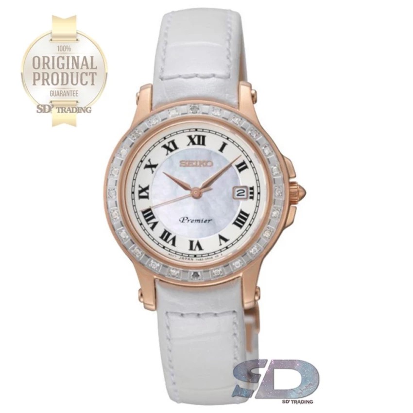 SEIKO Premier Diamond นาฬิกาข้อมือผู้หญิง สายหนังขาว รุ่น SXDF08P1 - สีPinkgold / สีมุก