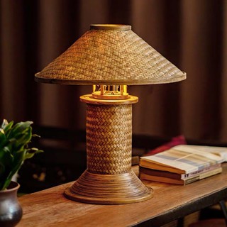 โคมไฟหัวเตียง โคมไฟตกแต่ง โคมไฟตั้งโต๊ะ โคมไฟไม้ไผ่มีหมวก โคมไฟวินเทจ bamboo lamp ของตกแต่งบ้าน โรงแรม ร้านกาแฟ