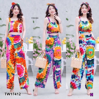 TW17412 Set 2 ชิ้น เสื้อสายเดี่ยวมัดย้อมเอวจั้ม