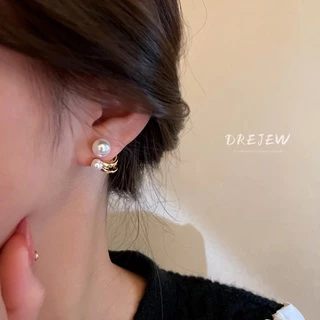 DREJEW ต่างหูเข็มเงิน 925 ประดับมุกเมทัลลิก รูปตัว C สไตล์เกาหลี เรียบง่าย ระดับไฮเอนด์ สําหรับผู้หญิง 2