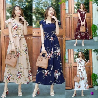 🦋💚เดรสเที่ยว ไปทะเล Maxi Dress เดรสยาว คอเหลี่ยม แต่งแขนระบายย้วย ตัดต่อรูดย่นที่ชายกระโปรง