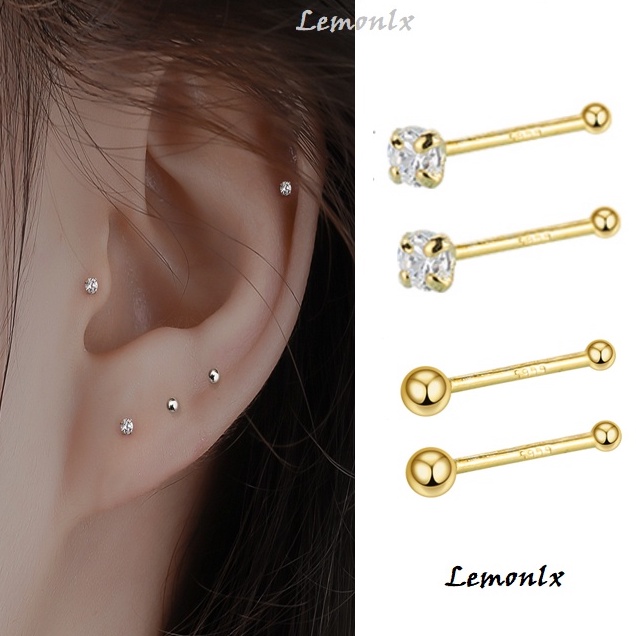 100% S999 ต่างหูเงิน2 คู่ Mini Ear stick stud Antiภูมิแพ้เจาะ Minimalist Hypoallergenic