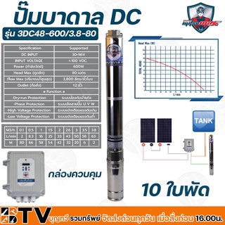 Mitsumax ปั๊มบาดาล DC 600W บ่อ 3 นิ้ว10 ใบพัด ดูดลึก 18 เมตร ท่อส่ง 1.2นิ้ว ปั๊มบาดาลโซล่าเซลล์ รุ่น 3DC48-600/3.8-80