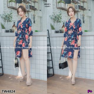 TW4824 Jumpsuit จั้มสูทก้านแก้วขาสั้น คอวีไข้วอก แขนข้อศอกจั้มปลายแขน