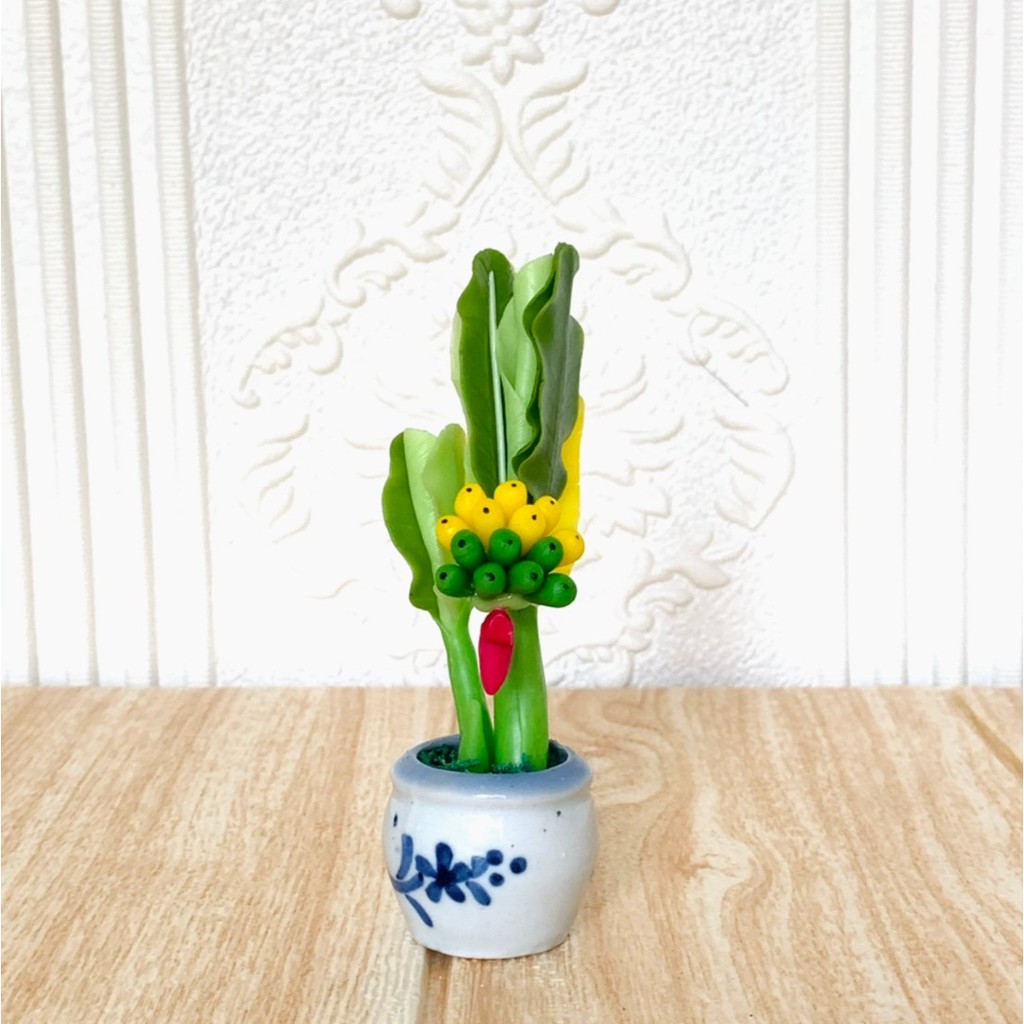 ต้นกล้วยจิ๋ว กระถางเซรามิค งานประดิษฐ์จากดินไทย  F16