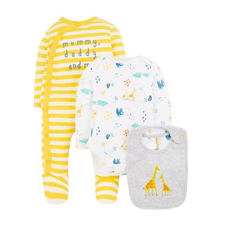 Mothercare [เซ็ต] ชุดสลีพสูท บอดี้สูท ผ้ากันน้ำลาย ลายริ้วเหลืองขาว mummy and daddy 3-piece set sleepsuit bodysuit bib