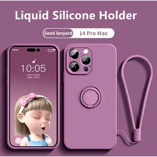 ซิลิโคนเหลว Soft Case สําหรับ iPhone 14 PRO MAX 14 plus 13 PRO 12 Mini 16 PRO MAX 15 plus พร้อมผู้ถือแหวนขาตั้งปลอก