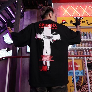 🔥3 ชิ้นใด ๆ ลบ ฿10🔥Cross top, เสื้อยืดแขนสั้นผู้ชาย, เสื้อยืดแขนสั้นสตรี, แขนขนาดใหญ่ [M-2XL]
